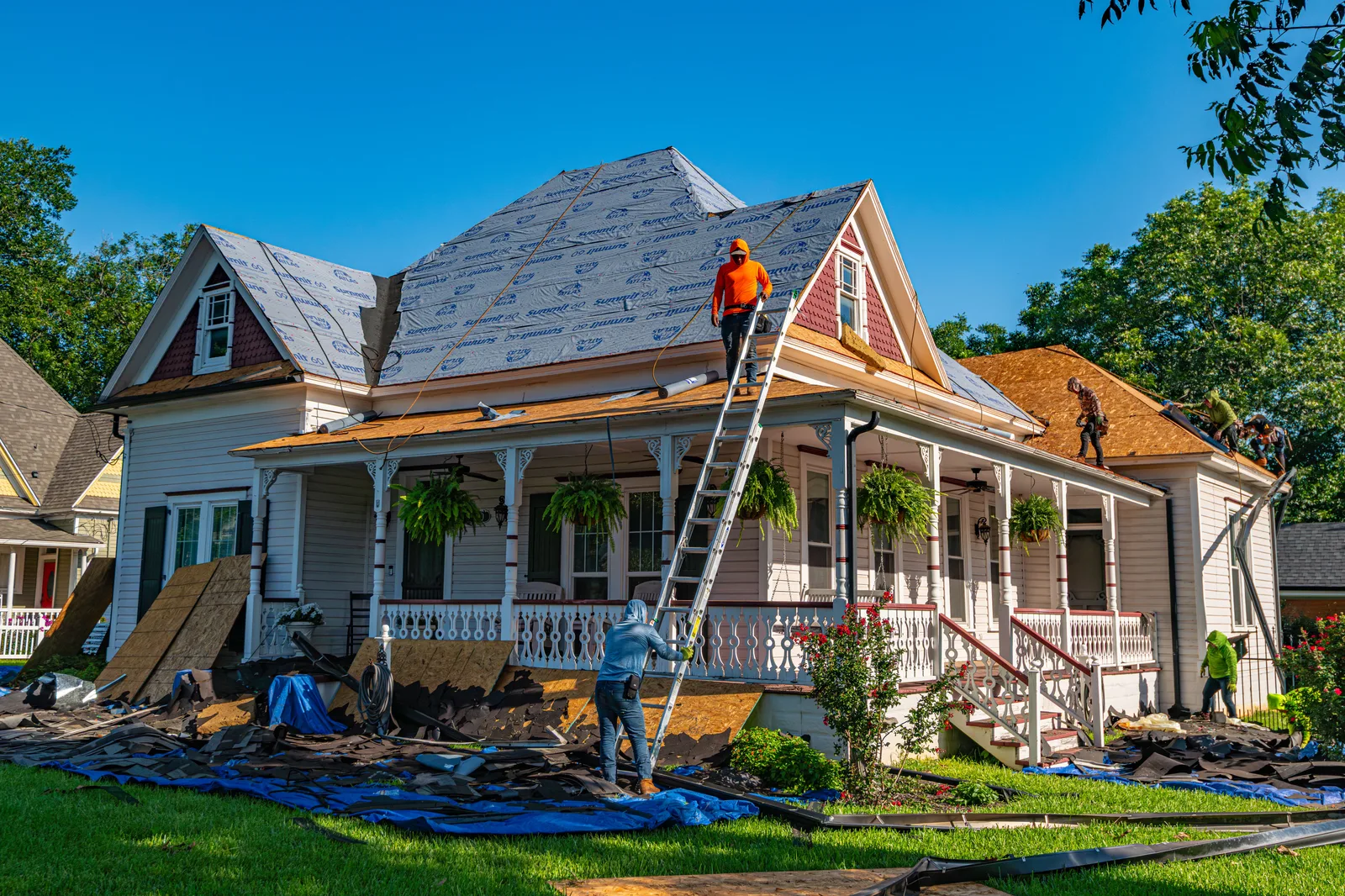 Roofers replace the roof of a historic home in Weatherford, Texas. Roofing contractor marketing for owners: five demand sources, response speed, and what you may claim