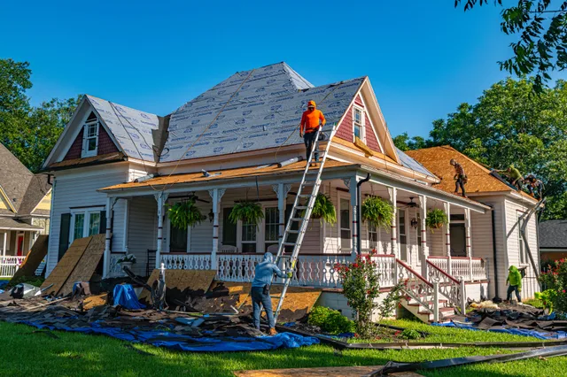 Roofers replace the roof of a historic home in Weatherford, Texas. Roofing contractor marketing for owners: five demand sources, response speed, and what you may claim